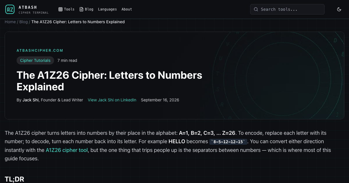 The A1Z26 Cipher: Letters to Numbers Explained | Atbash Cipher Blog