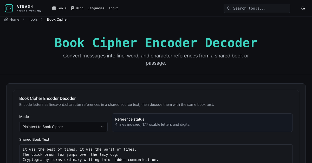 Book Cipher Encoder Decoder - Free Online Tool | Cipher & Encoding Tools
