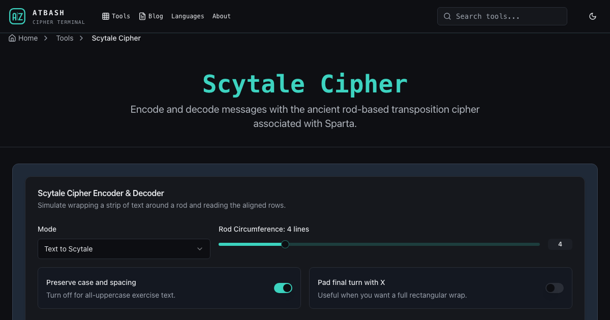 Scytale Cipher Encoder & Decoder - Free Online Tool